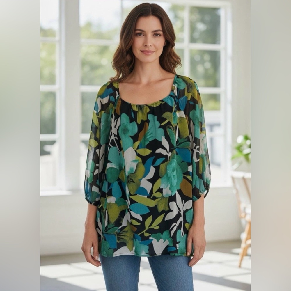 Isaac Mizrahi Green and Blue Floral Blouse